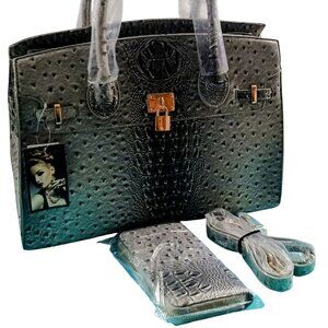 Luxury Vegan Leather Designer Ostrich Print Work Bag w Wallet